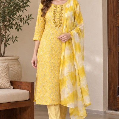 Yellow Printed Masline Kurta Set